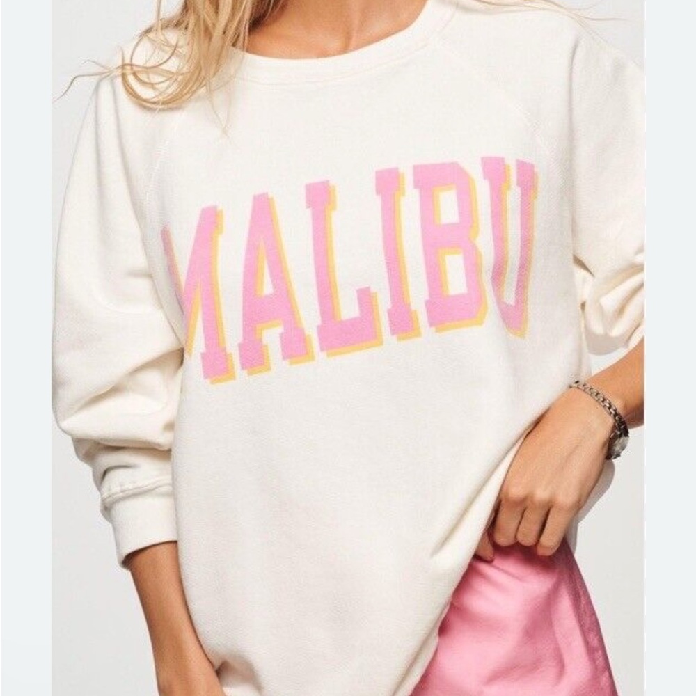 White Sweatshirt with Pink and Yellow 'Malibu' Print